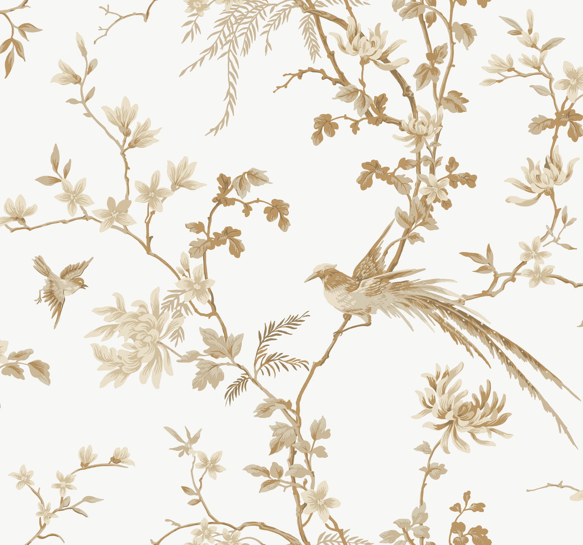 Bird & Blossom Chinoserie White & Gold Wallpaper, by York Wall, 27' length x 2'3" width x 0.02" depth