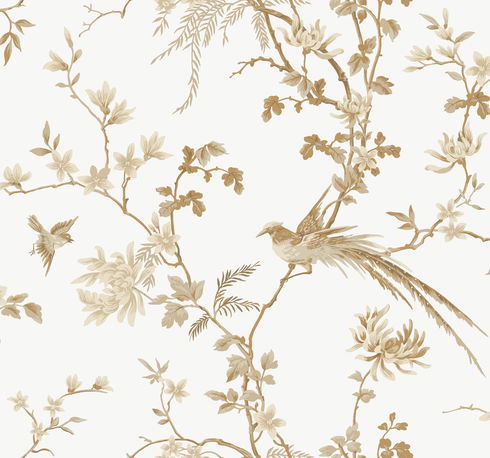 Bird & Blossom Chinoserie White & Gold Wallpaper