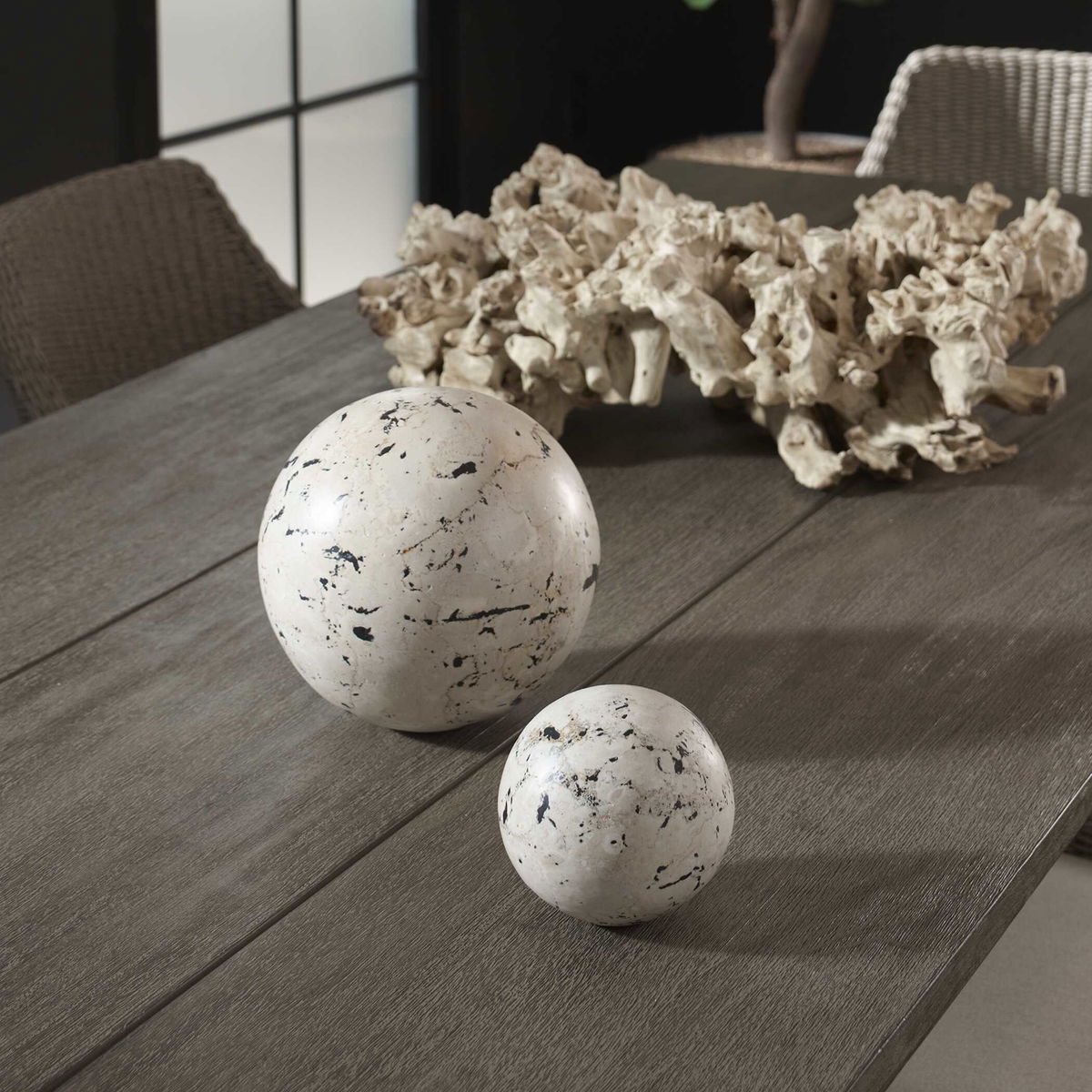 Nouveau Indoor-Outdoor Spheres Set/2, Tabletop Decor by Uttermost, 7.8" width x 7.5" height x 7.8" depth View 3