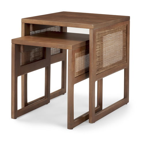 Grier Set of 2 Medium Brown Solid Wood with Cane Nesting Accent Tables