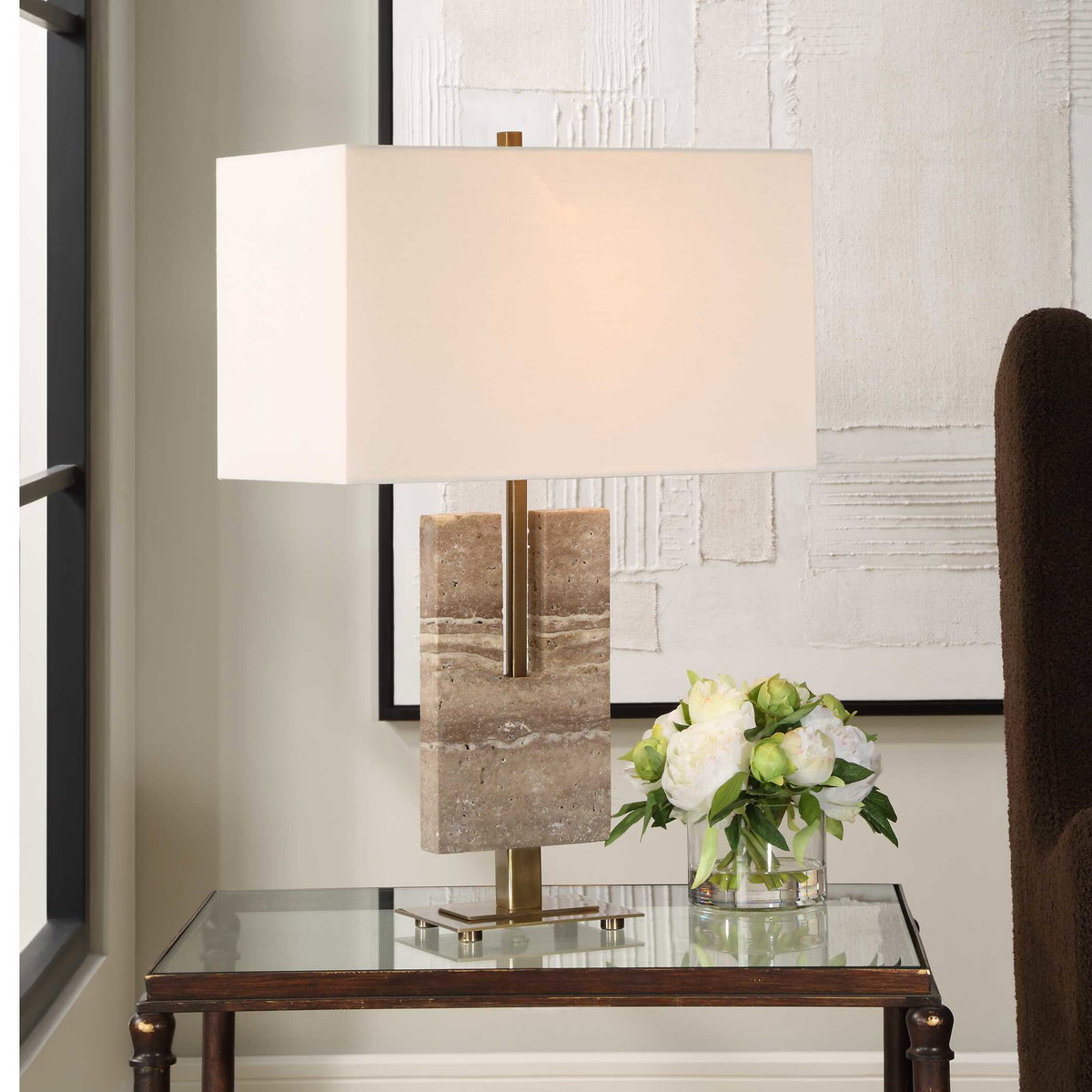 Turning Point Travertine Table Lamp, by Uttermost, 17" width x 26" height x 10" depth View 2