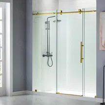 Online Designer Bathroom MBSDC7276-BG 68-72" W x 76" H Three-Panel Single Sliding Frameless Shower Door with 3/8"(10mm) Clear Tempered Glass, Stainless Steel Accessories