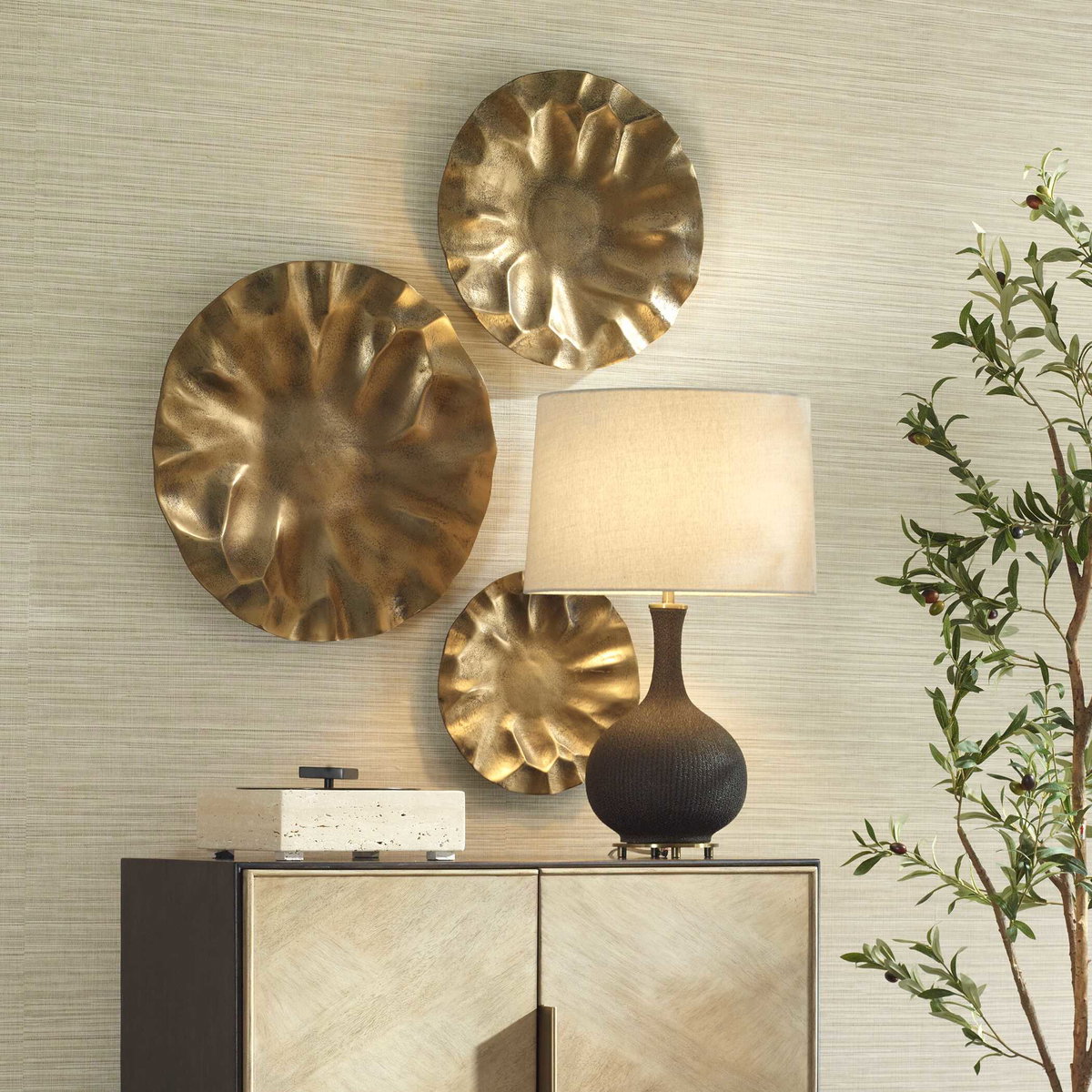 Peonia Outdoor Gold Wall Art Set/3, Sculptural Wall Art by Uttermost, 20" width x 20" height x 2.5" depth View 4