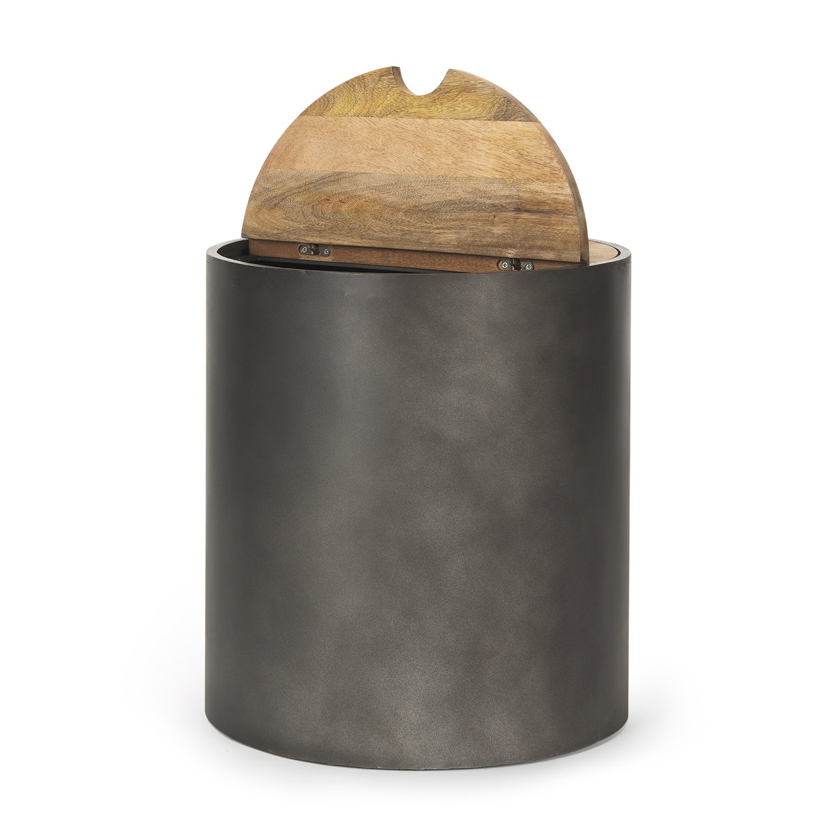 Eclipse Gunmetal Gray Drum Base with Brown Wood Top End/Side Table, Side & End Table by Mercana, 20" length x 20" width x 22.05" height View 8