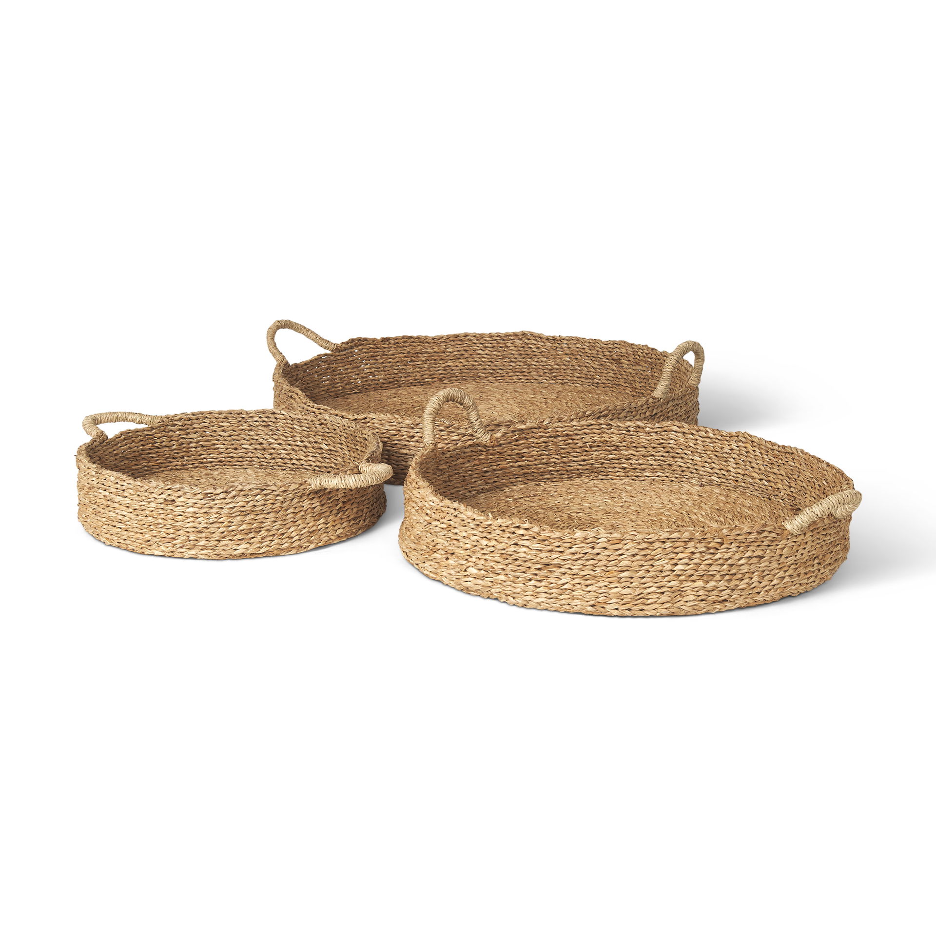 Ulana Set of 3 Round Nesting Seagrass Trays with Loop Handles, Decorative Tray by Mercana, 26.38" length x 26.38" width x 3.94" height View 1