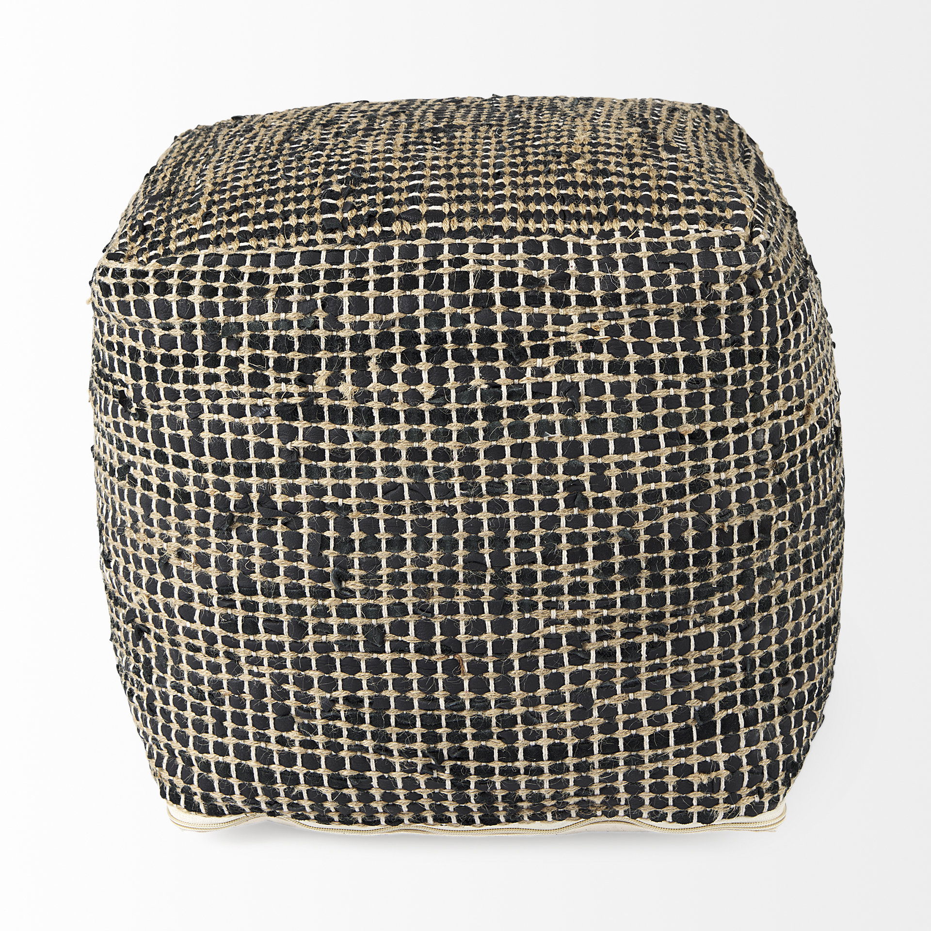 Aalia  Charcoal Leather and Jute Pouf, Ottoman by Mercana, 16" length x 16" width x 16" height View 5