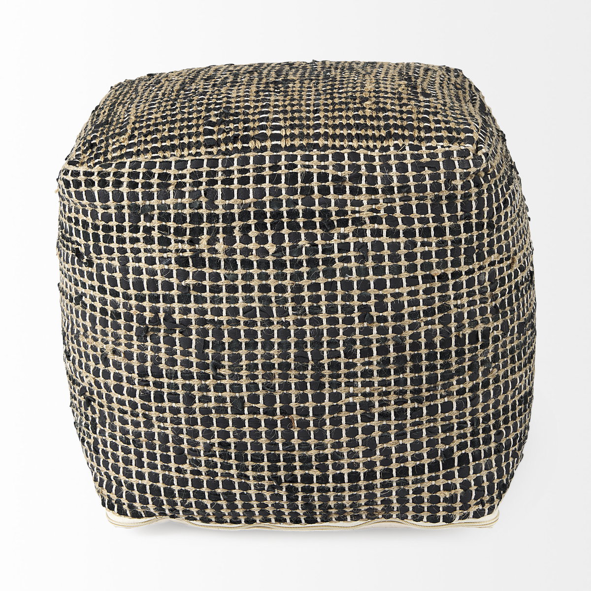 Aalia  Charcoal Leather and Jute Pouf, Ottoman by Mercana, 16" length x 16" width x 16" height View 5