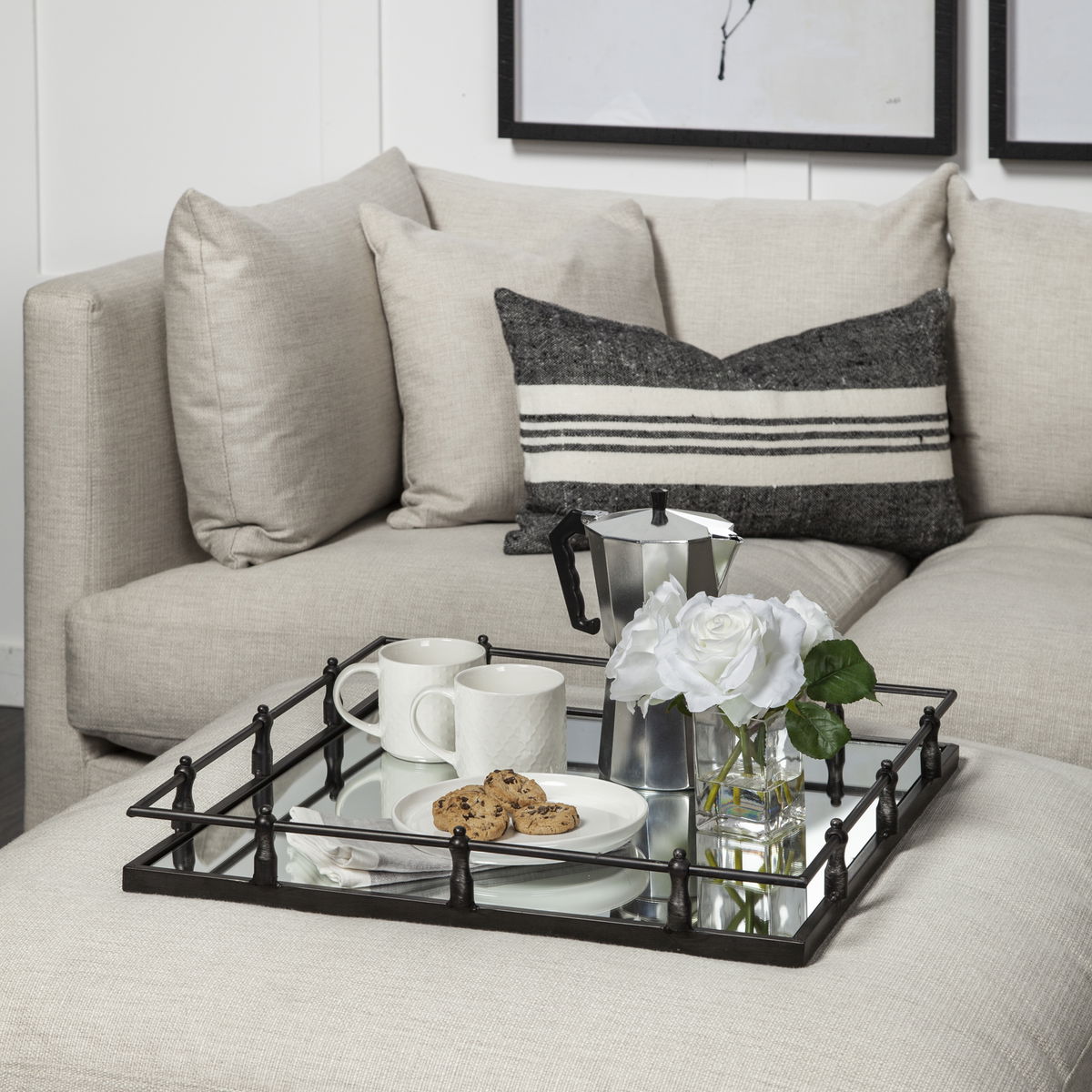 Christa 22L x 22W Black Metal Mirrored Base Square Tray, Decorative Tray by Mercana, 22.05" length x 22.05" width x 3.05" height View 3
