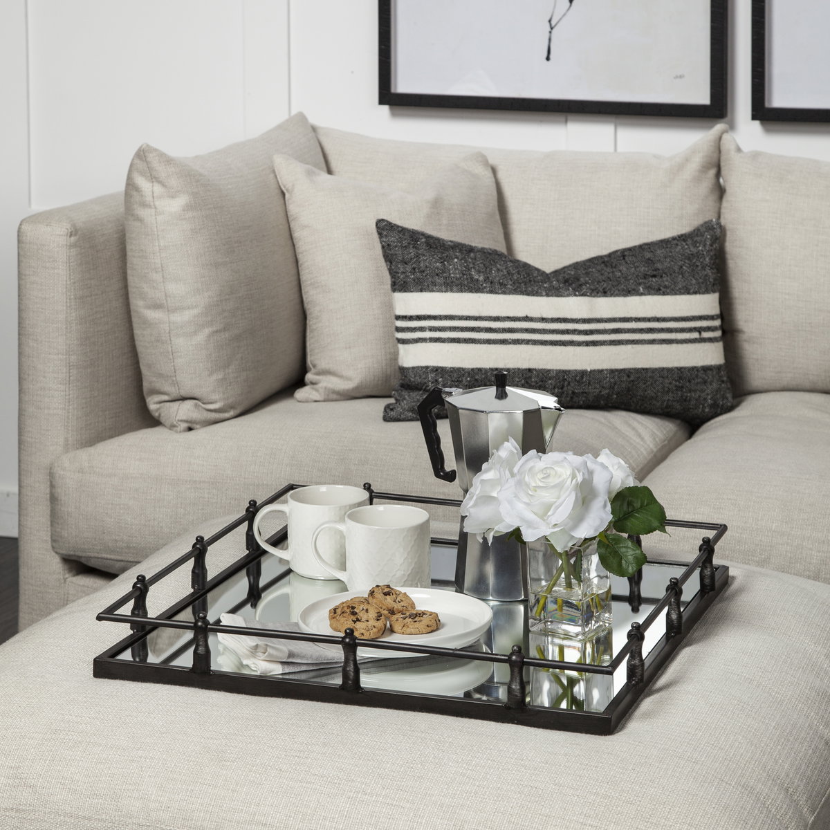 Christa 22L x 22W Black Metal Mirrored Base Square Tray, Decorative Tray by Mercana, 22.05" length x 22.05" width x 3.05" height View 3