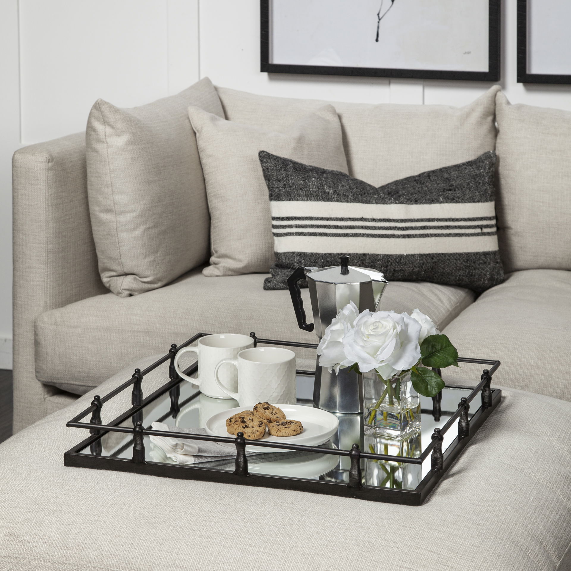 Christa 22L x 22W Black Metal Mirrored Base Square Tray large image 