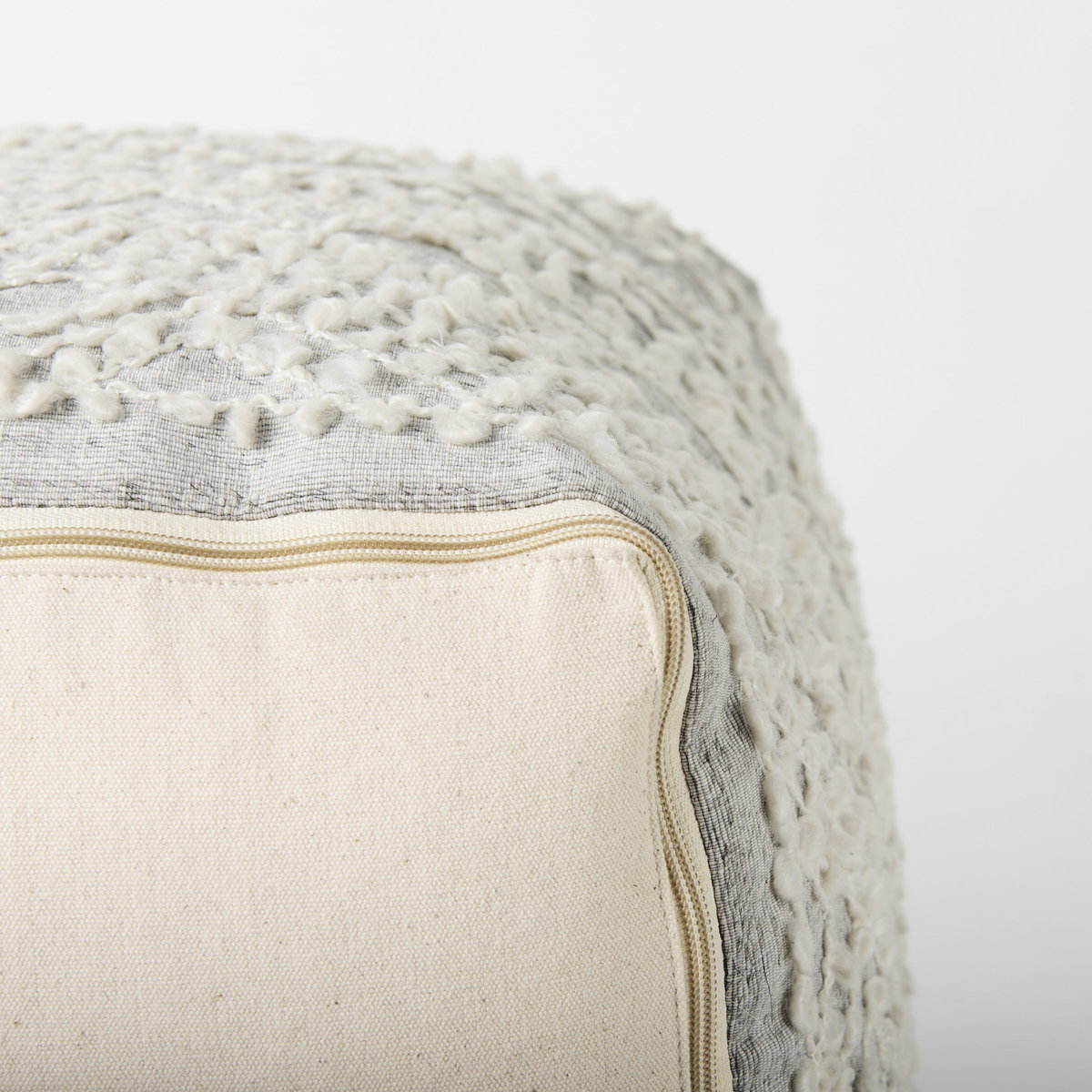 Farida 6.0L x 16.0W x 16.0H Light Gray Wool and Polyester Patterned Pouf, Ottoman by Mercana, 16" length x 16" width x 16" height View 11
