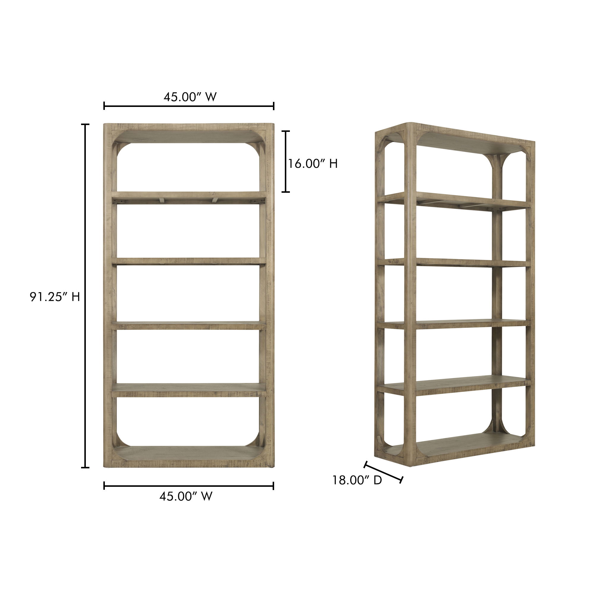 Abbott Bookshelf Brown, Shelving & Bookcase by Moe's Home, 45" width x 91.25" height x 18" depth View 9