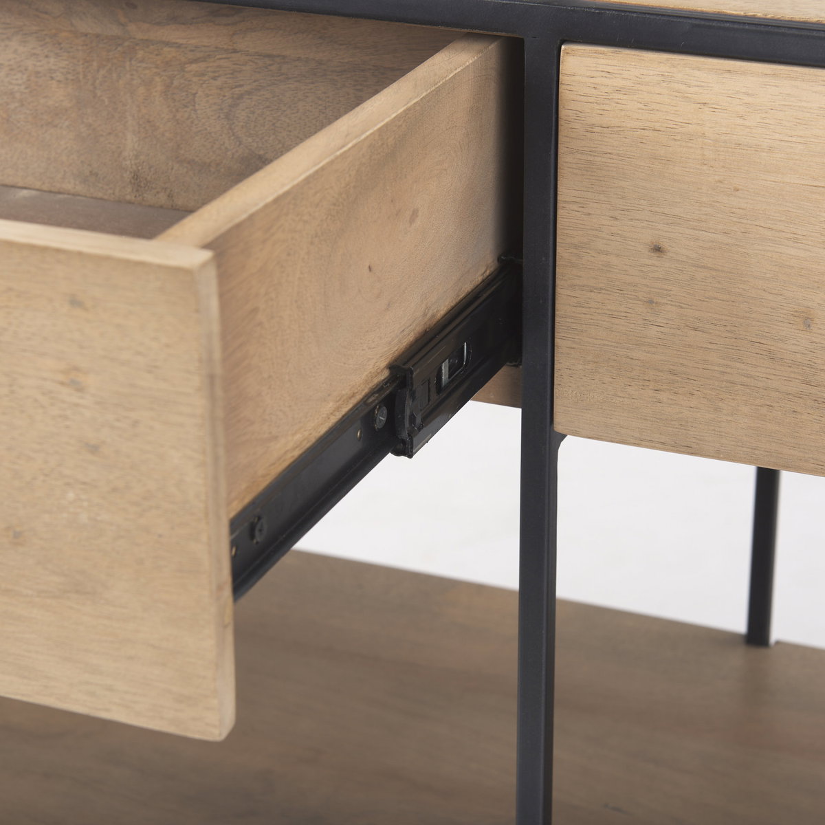 Morris  Beige Wood with Black Metal Frame 2 Drawer Console Table, by Mercana, 63" length x 15" width x 31" height View 9