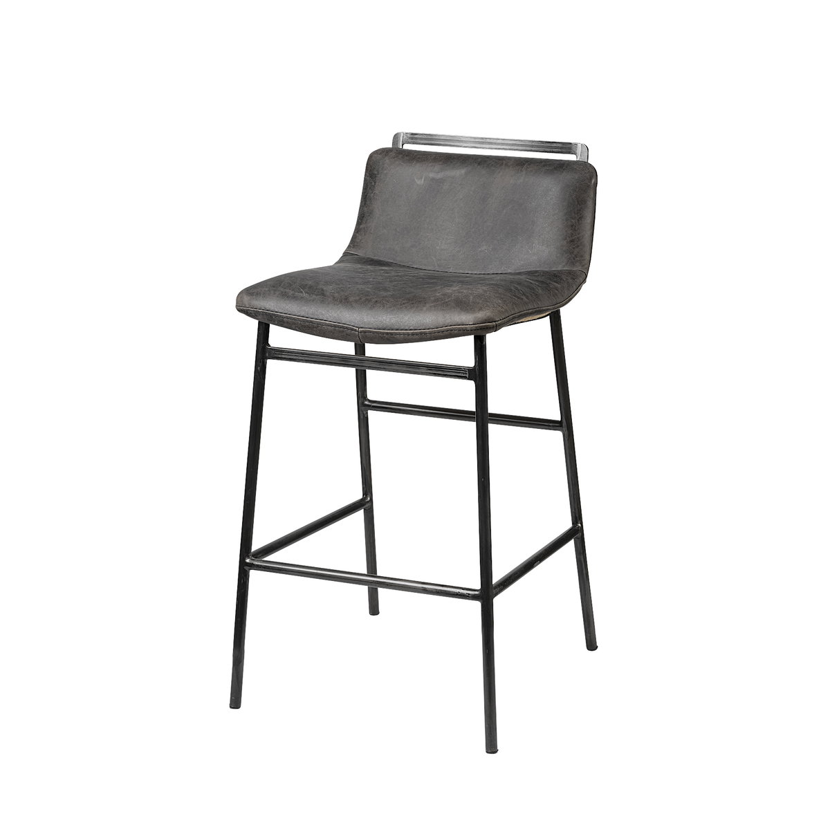 Kavalan Low Back 33.5in Seat Counter Stool | Ebony Leather with Metal, Counter & Bar Stool by Mercana, 17.7" length x 20.9" width x 33.5" height View 1