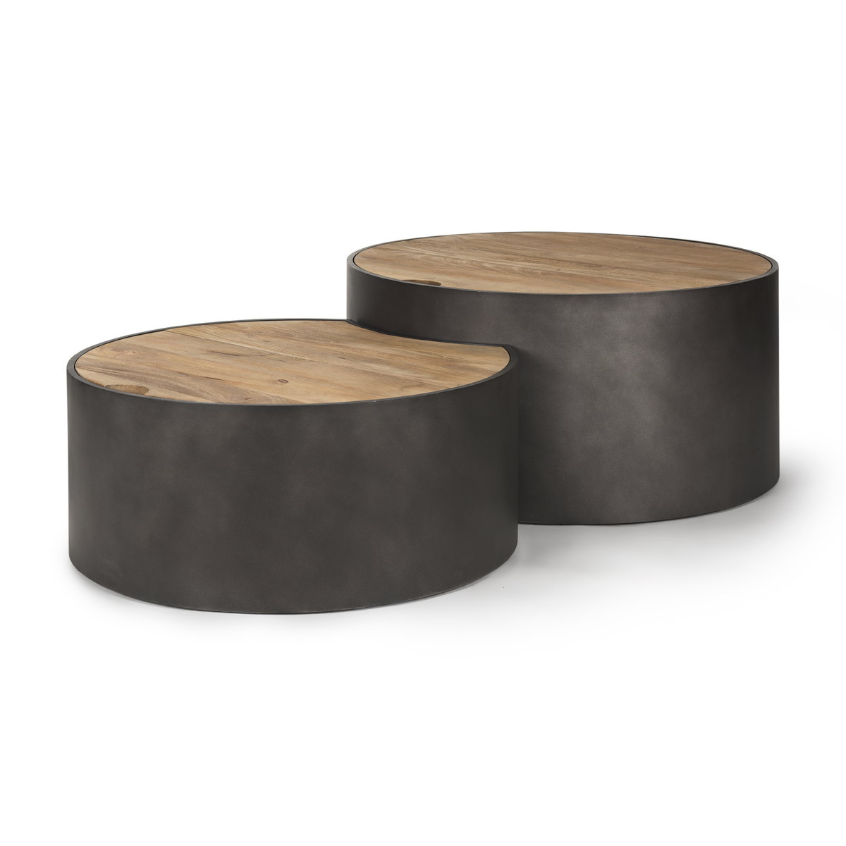 Eclipse Gunmetal Gray Drum Base with Brown Wood Top Nested Coffee Table, by Mercana, 36.22" length x 36.22" width x 17.32" height View 1
