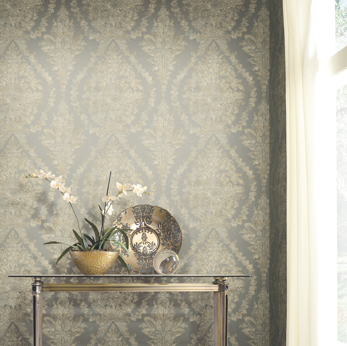 Charleston Damask Silver Wallpaper, by York Wall, 27' length x 2'3" width x 0.02" depth View 2