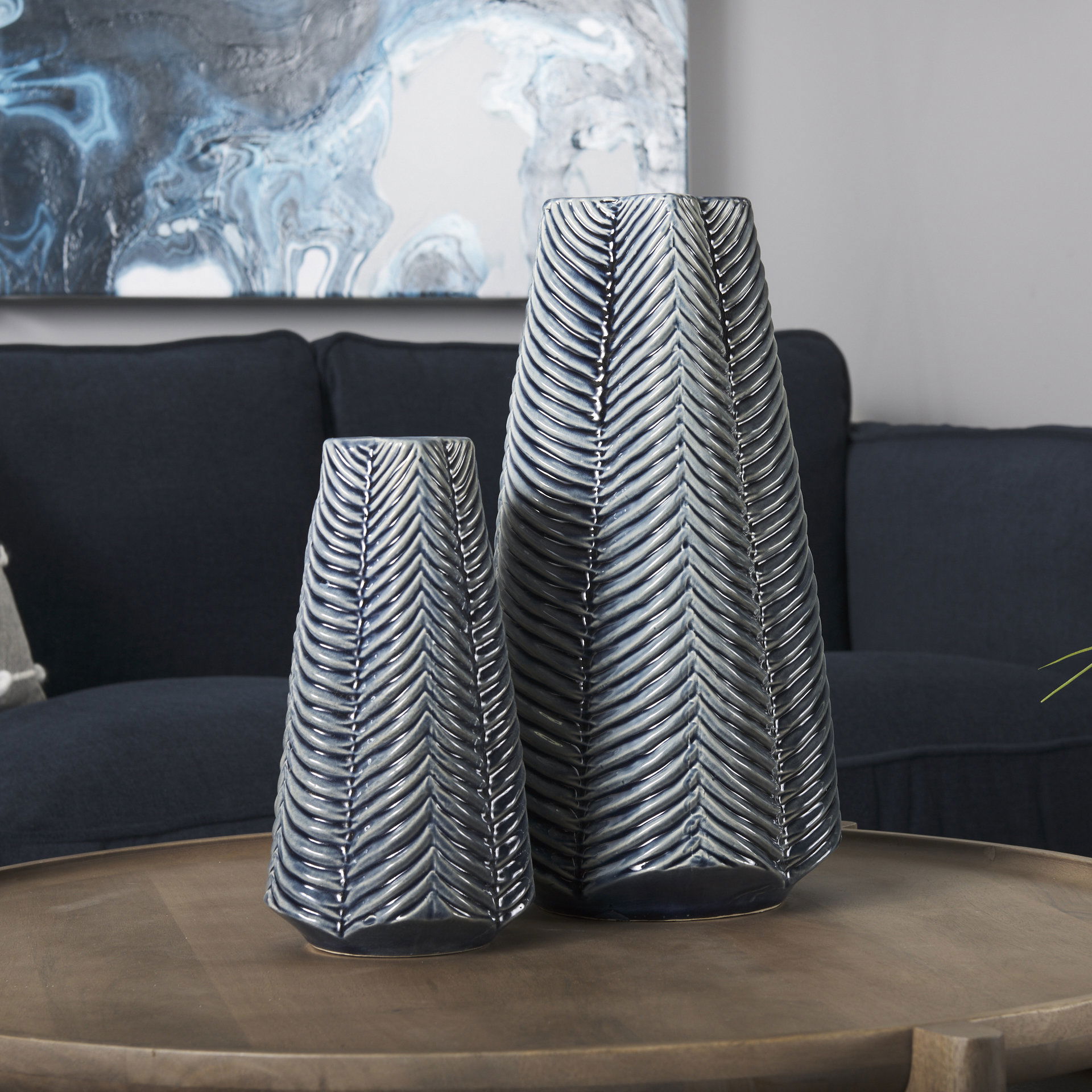 Bashir I Small Dark Navy Gloss Ceramic Vase, by Mercana, 5.12" length x 5.12" width x 10.24" height View 4