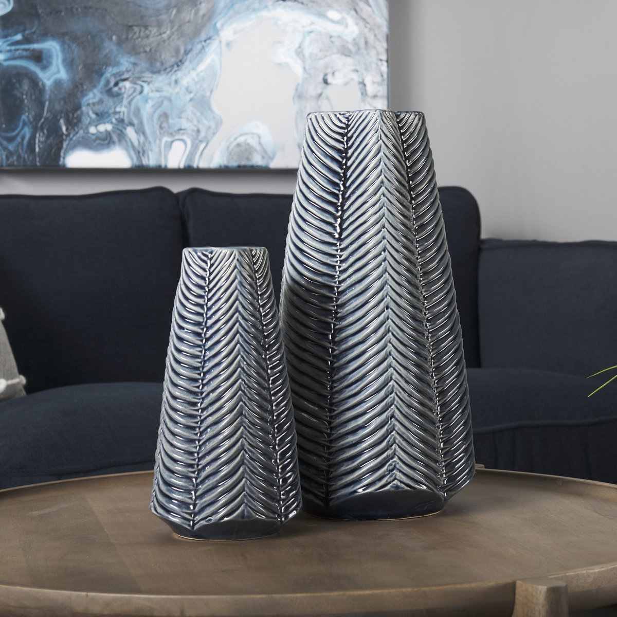 Bashir I Small Dark Navy Gloss Ceramic Vase, by Mercana, 5.12" length x 5.12" width x 10.24" height View 4