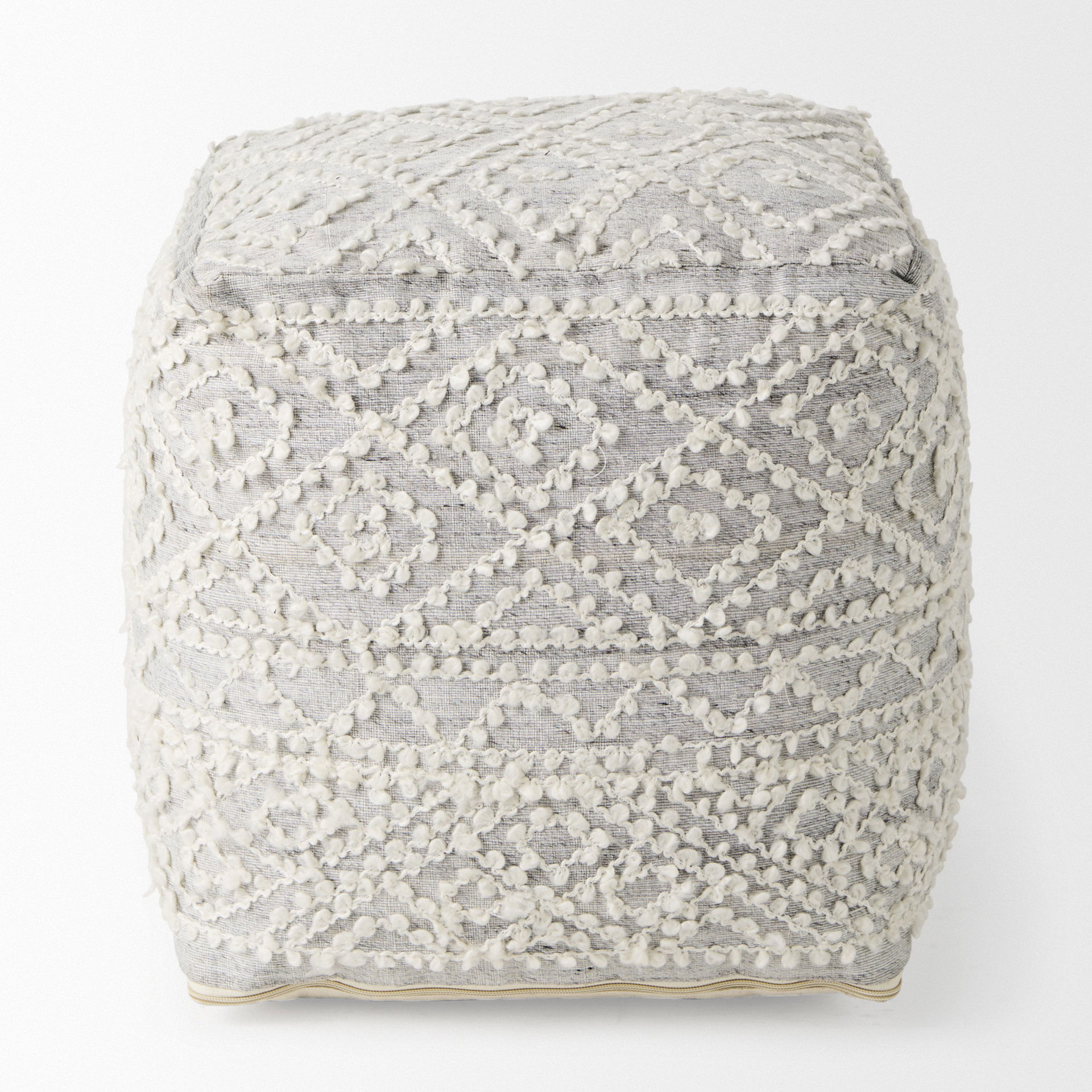 Farida 6.0L x 16.0W x 16.0H Light Gray Wool and Polyester Patterned Pouf, Ottoman by Mercana, 16" length x 16" width x 16" height View 2
