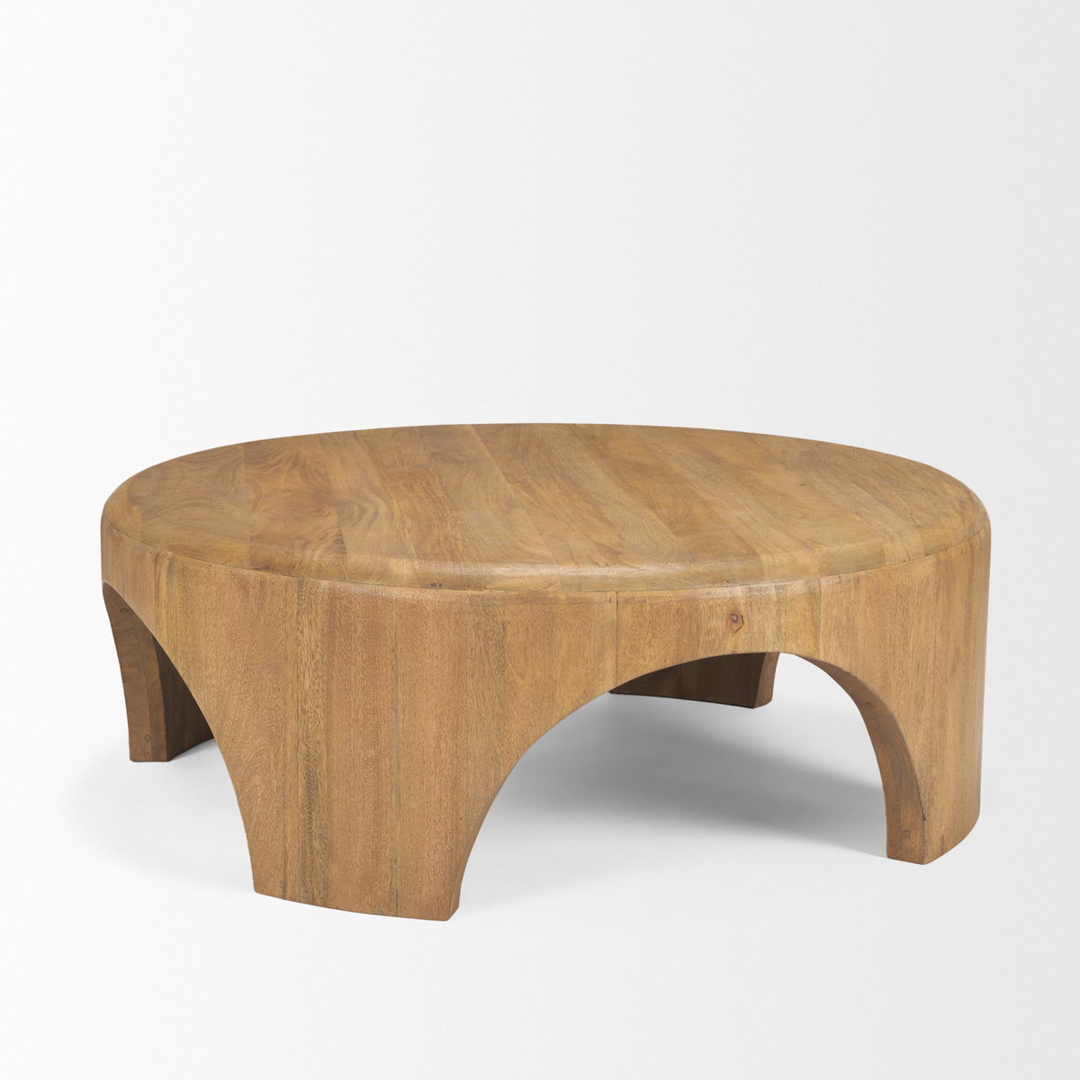 Shima Round Light Brown Wood with Arched Legs Coffee Table, by Mercana, 45" length x 45" width x 16" height View 7