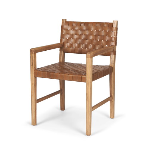 Shane Curved Back Dining Arm Chair | Woven Brown Leather with Brown Wood