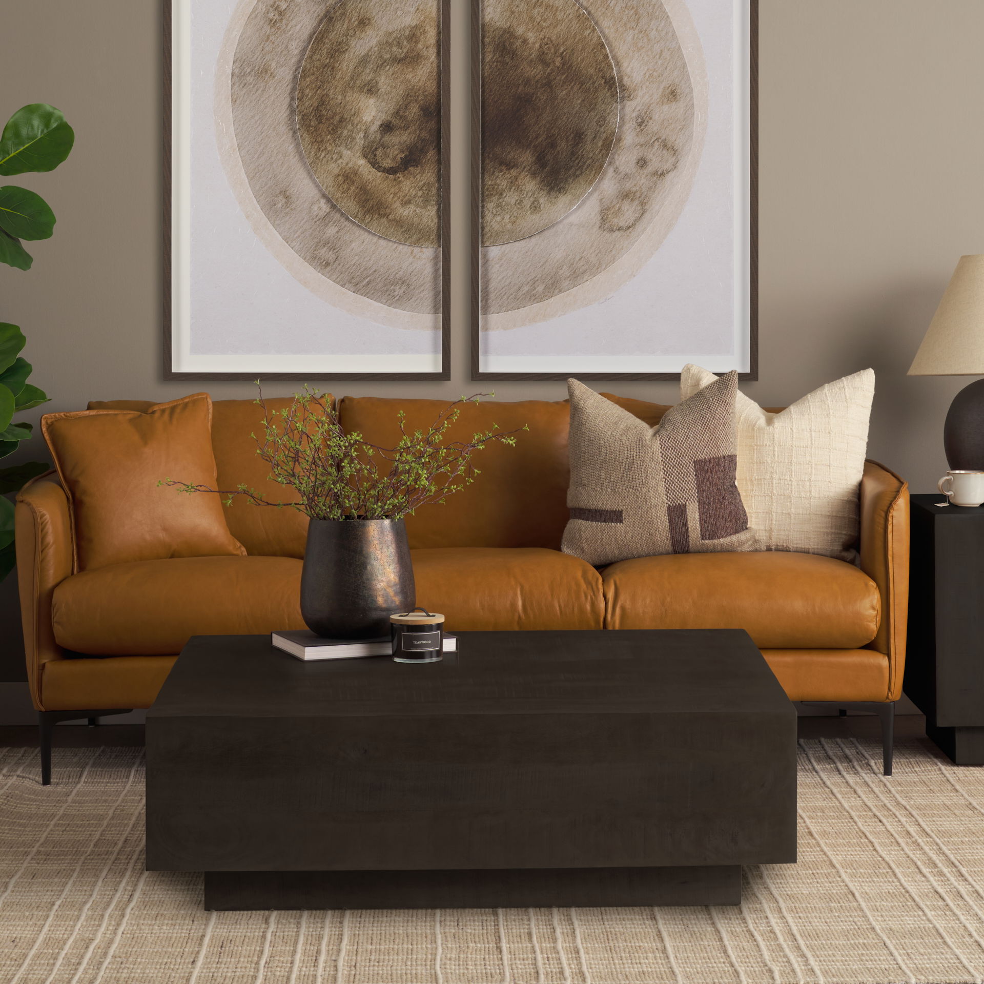 Hayden Dark Brown Wood Square Coffee Table, by Mercana, 48" length x 48" width x 16" height View 2