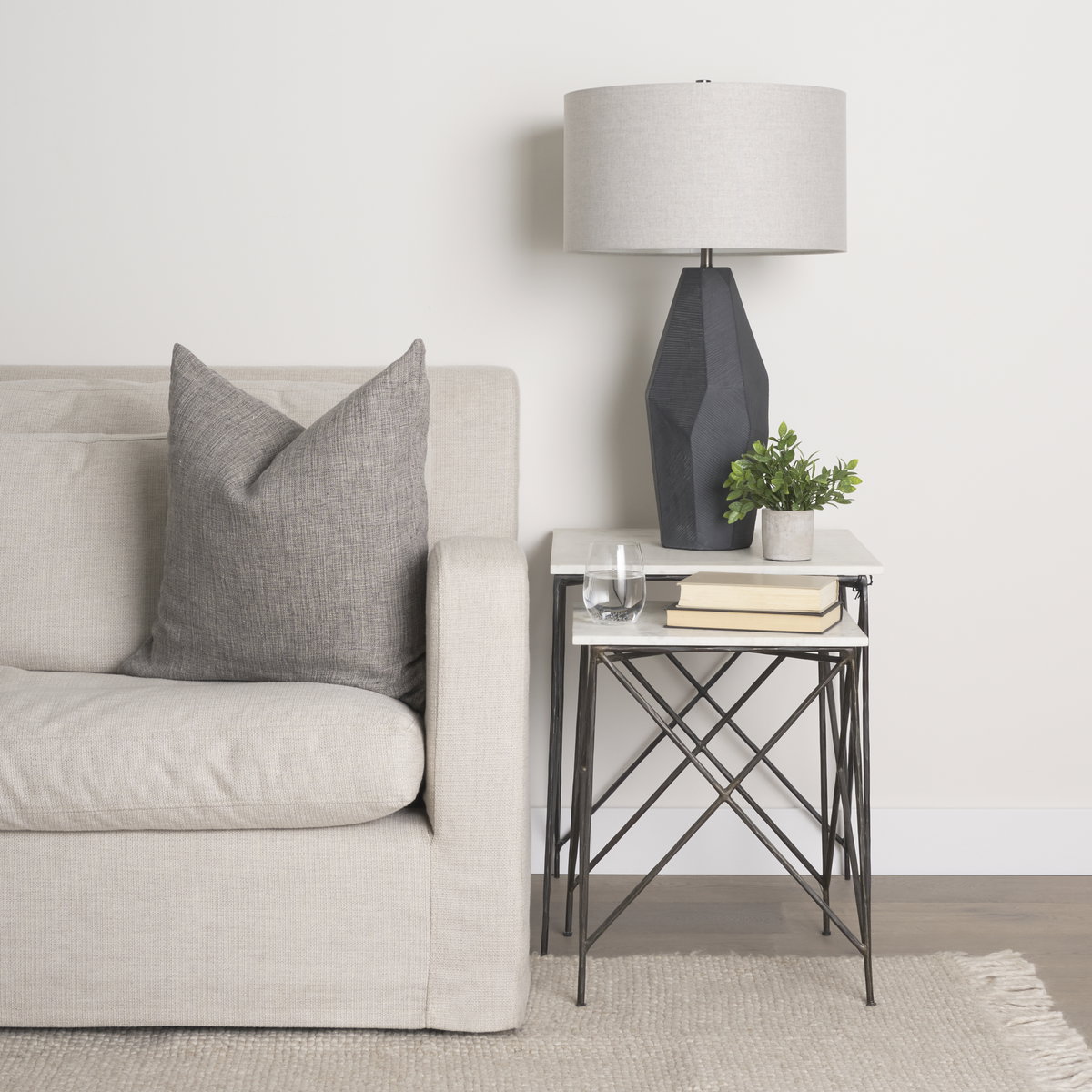 Lorlei 20.0L x 20.0W x 23.8H White Marble Top with Gray Iron Legs End and Side Table, Side & End Table by Mercana, 20" length x 20" width x 24" height View 2