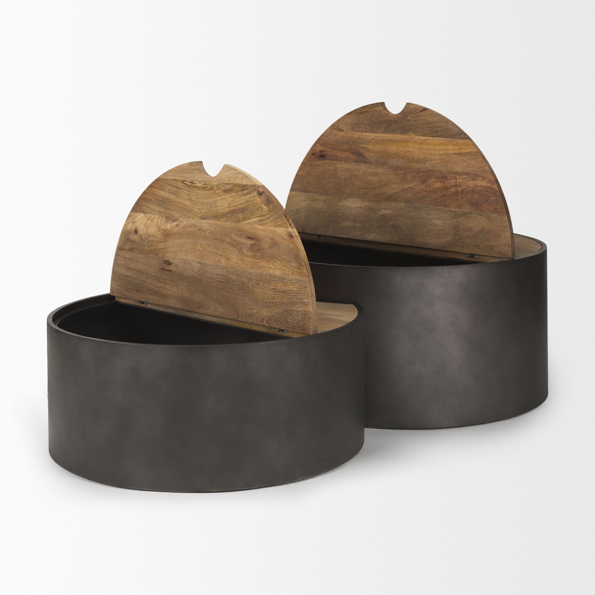 Eclipse Gunmetal Gray Drum Base with Brown Wood Top Nested Coffee Table, by Mercana, 36.22" length x 36.22" width x 17.32" height View 8