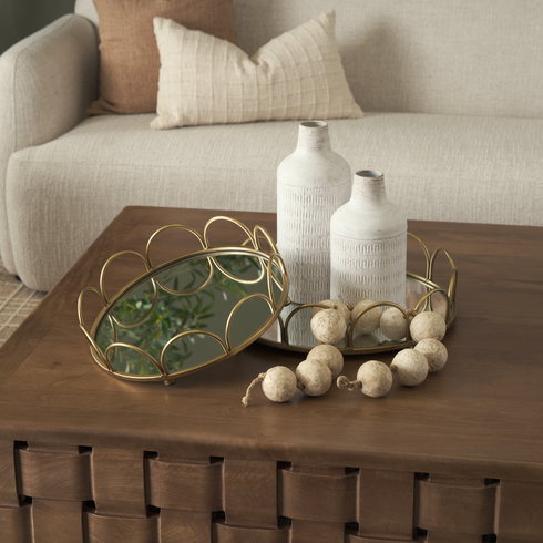Lenore Round Metal/Mirror Tray Gold (Set of 2)