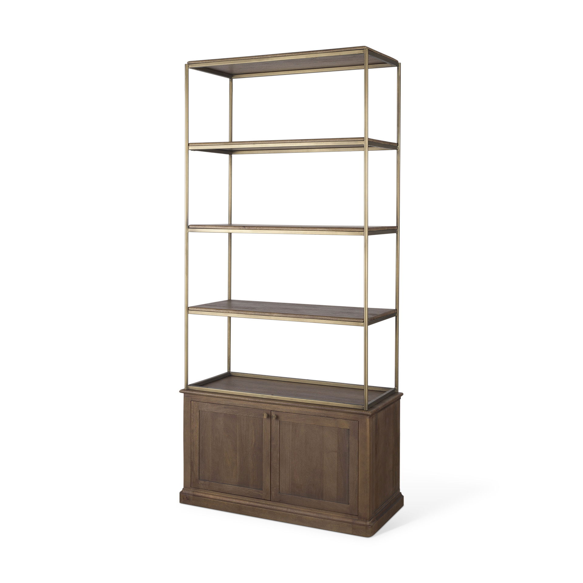 Baron Dark Brown Wood with Antiqued Aged Brass Metal 2-Door Open Shelving Unit, Shelving & Bookcase by Mercana, 41.75" length x 19" width x 90" height View 1