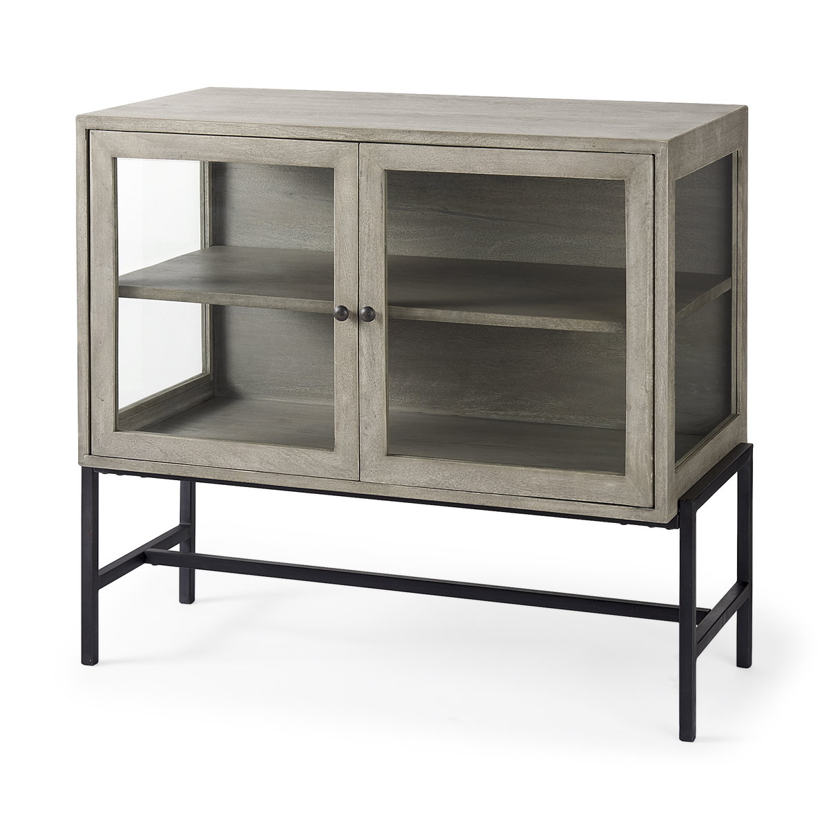 Arelius 36L x 18W x 32H Gray Wood, Black Metal Base with 2 Glass Doors Accent Cabinet, Cabinets & Chest by Mercana, 36" length x 22" width x 27" height View 1
