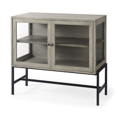 Arelius 36L x 18W x 32H Gray Wood, Black Metal Base with 2 Glass Doors Accent Cabinet