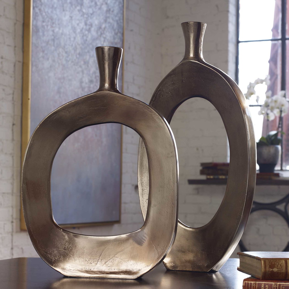 Kyler Textured Bronze Vases Set/2, by Uttermost, 10.75" width x 22" height x 2" depth View 2