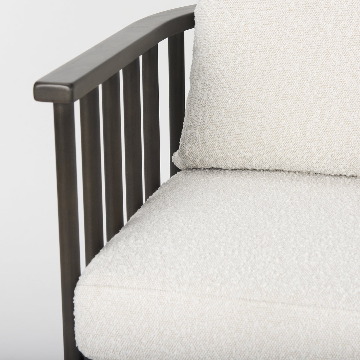 Kopari 30.1L x 30.5W x 37.2H White Boucle Fabric with Dark Brown Wood Accent Chair, by Mercana, 28.35" length x 27.56" width x 33" height View 9