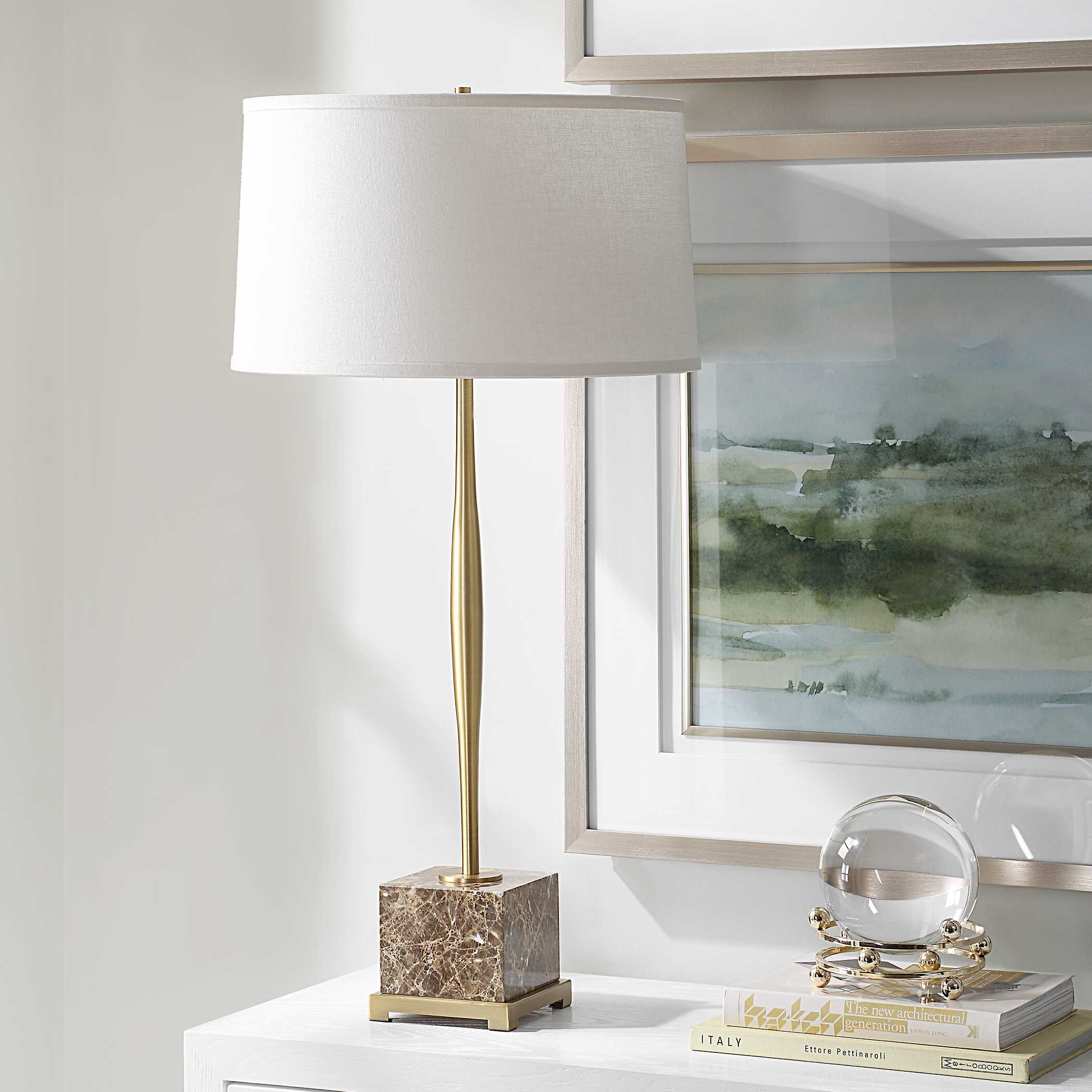 Booker Thin Brass Table Lamp, by Uttermost, 17" width x 34.25" height x 17" depth View 4