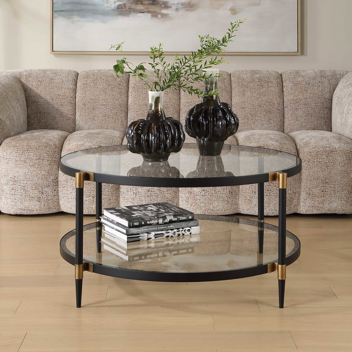 Chadid Round Glass Coffee Table, by Uttermost, 39" width x 18.25" height x 39" depth View 5