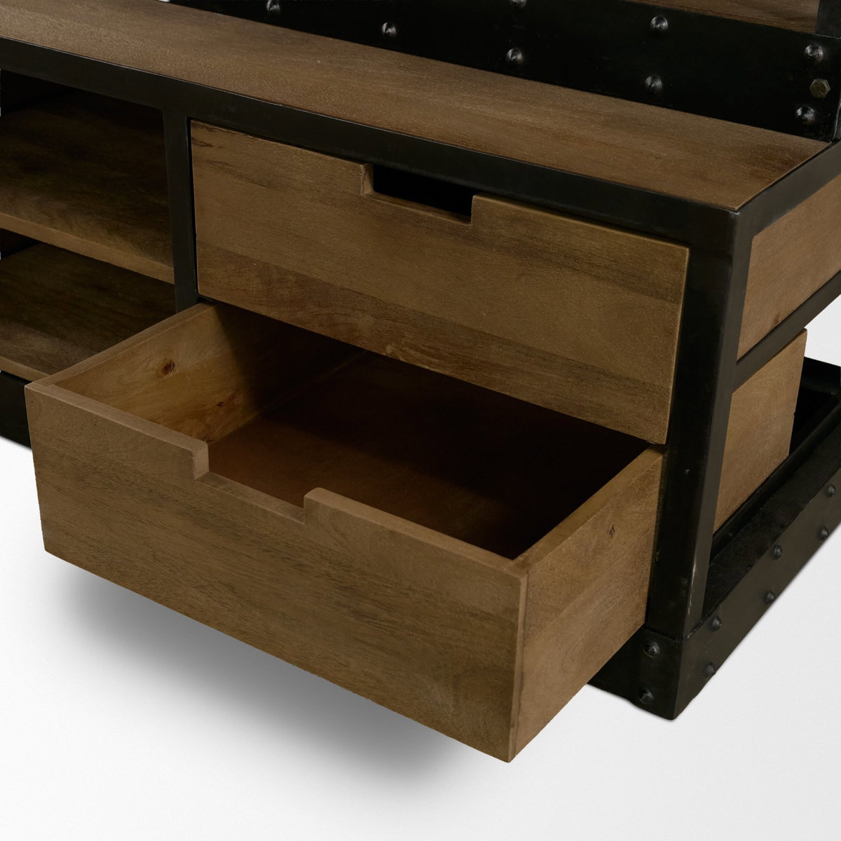 Brodie VIII 57L x 20.5W x 94H Brown Wood Gun-Metal Ladder Four Shelf Shelving Unit, Shelving & Bookcase by Mercana, 57" length x 20.5" width x 94" height View 12