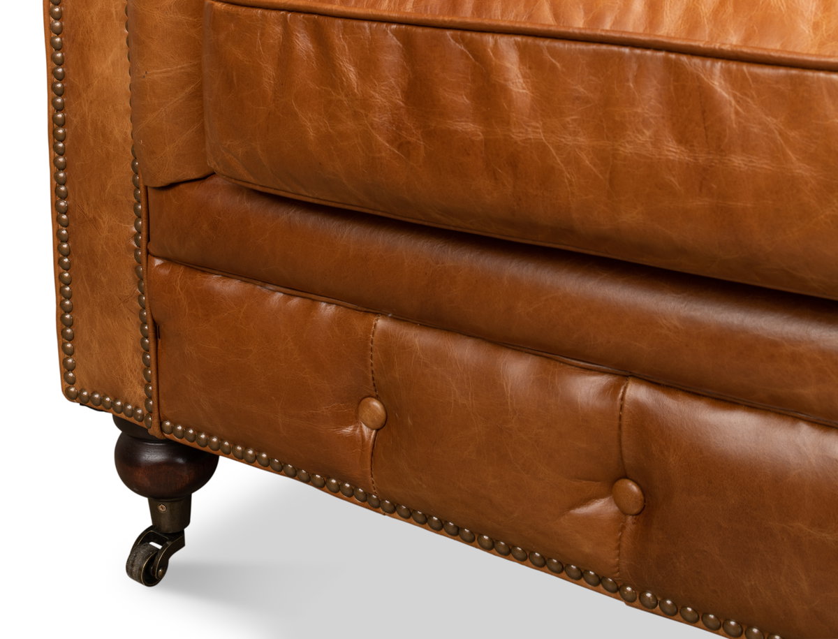 Tufted English Club Sofa  Cuba Brown, by Sarreid, 3'2" length x 7'5" width x 2'8" height View 5