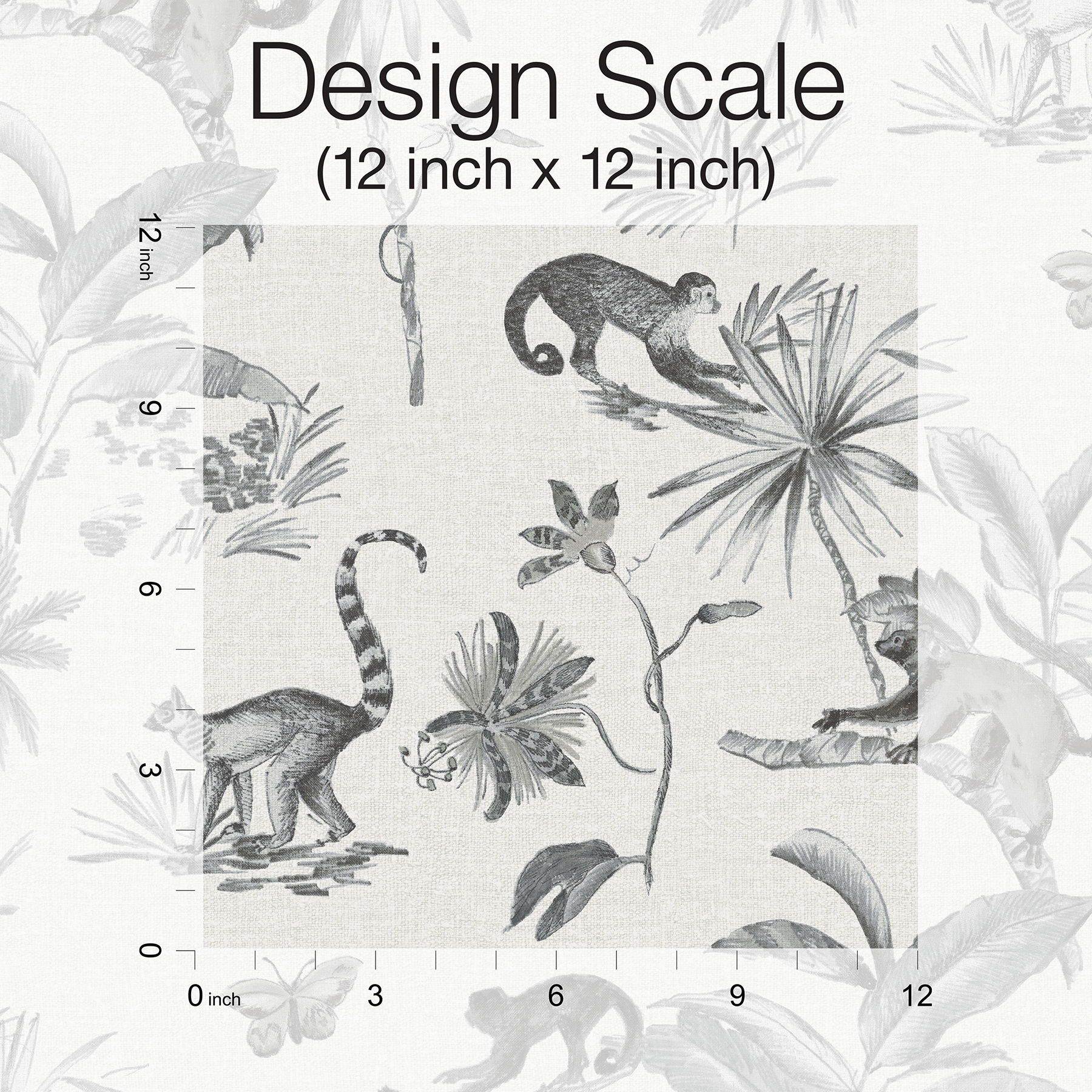 Botanicals & Lemurs Grey Peel & Stick Wallpaper large image 