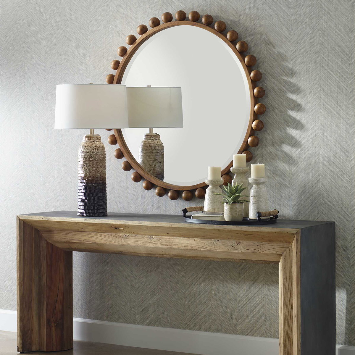 Cyra Wood Beaded Round Mirror, by Uttermost, 3'8" width x 3'8" height x 2.5" depth View 4