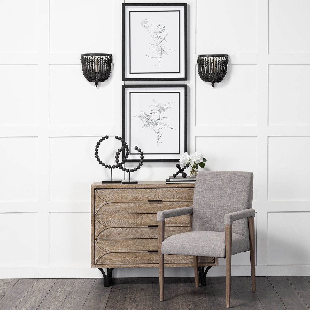 Palisades Curved Back Dining Side Chair | Grey Fabric with Brown Wood, Dining Chair by Mercana, 23.75" length x 28" width x 36" height View 3