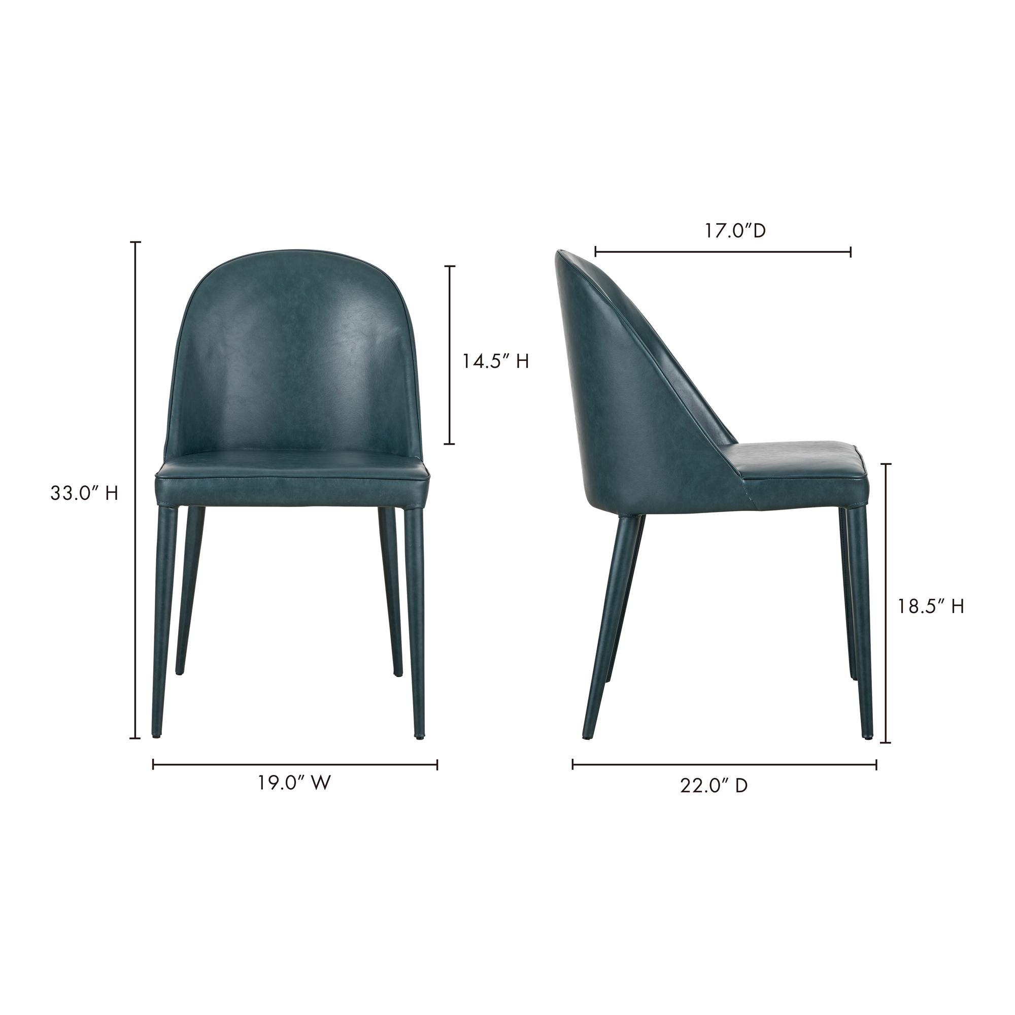 Burton Dining Chair Dark Teal Vegan Leather - Set Of Two, by Moe's Home, 18.5" width x 32.5" height x 22.5" depth View 14