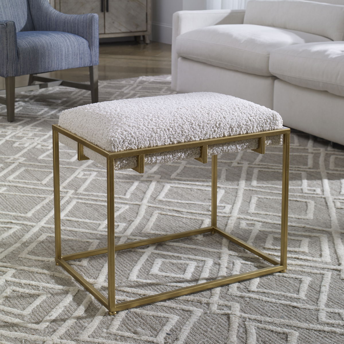 Paradox Small Gold & White Shearling Bench, Benche by Uttermost, 23.5" width x 20.75" height x 15.75" depth View 2