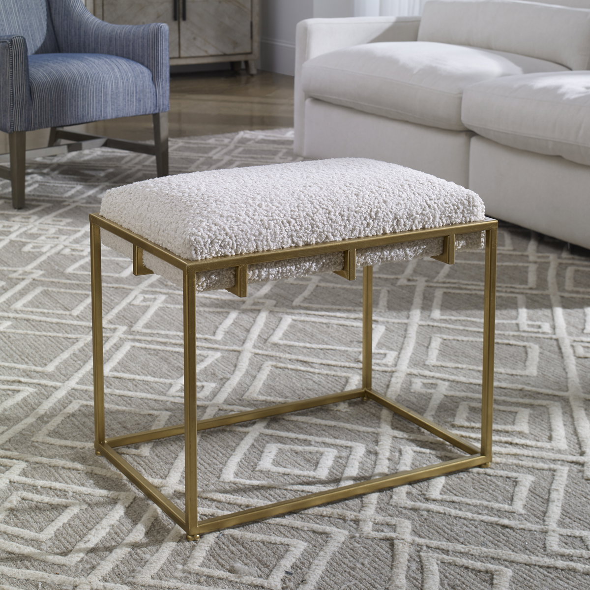 Paradox Small Gold & White Shearling Bench, Benche by Uttermost, 23.5" width x 20.75" height x 15.75" depth View 2