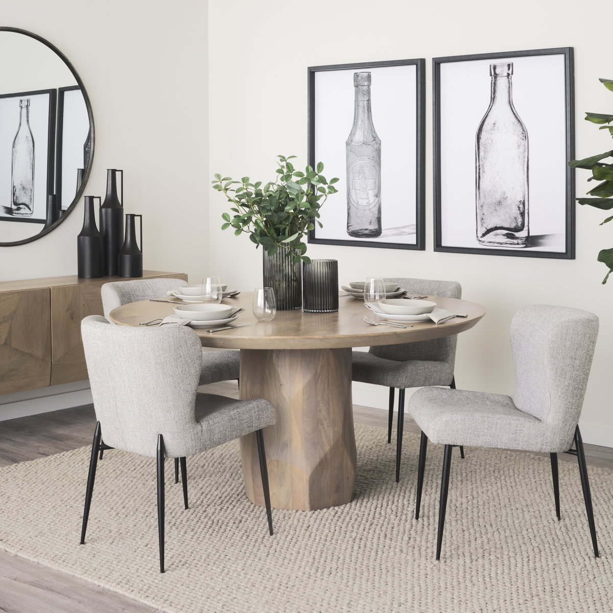 Hartt Dining Chair with Matte Black Metal Frame and Gray Fabric, by Mercana, 19.75" length x 25" width x 32.5" height View 2