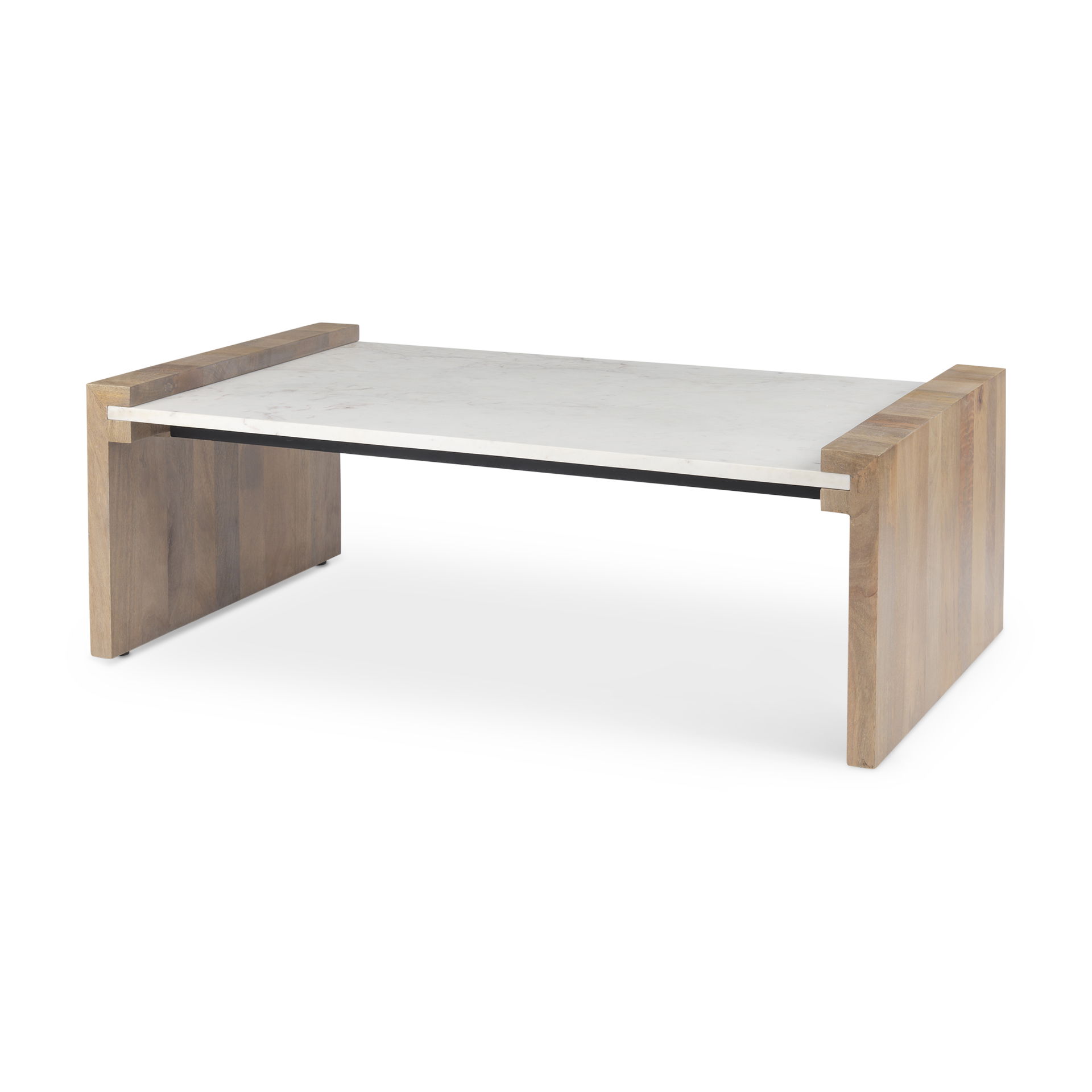 Athens   Light Brown Wood and White Marble Coffee Table, by Mercana, 48" length x 28" width x 16" height View 1