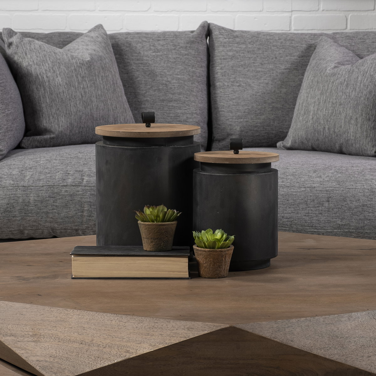 Cyril (Set of 2) Gray Metal with Brown Wood Lids Jars, Decorative Jar by Mercana, 9.06" length x 9.06" width x 12.8" height View 4