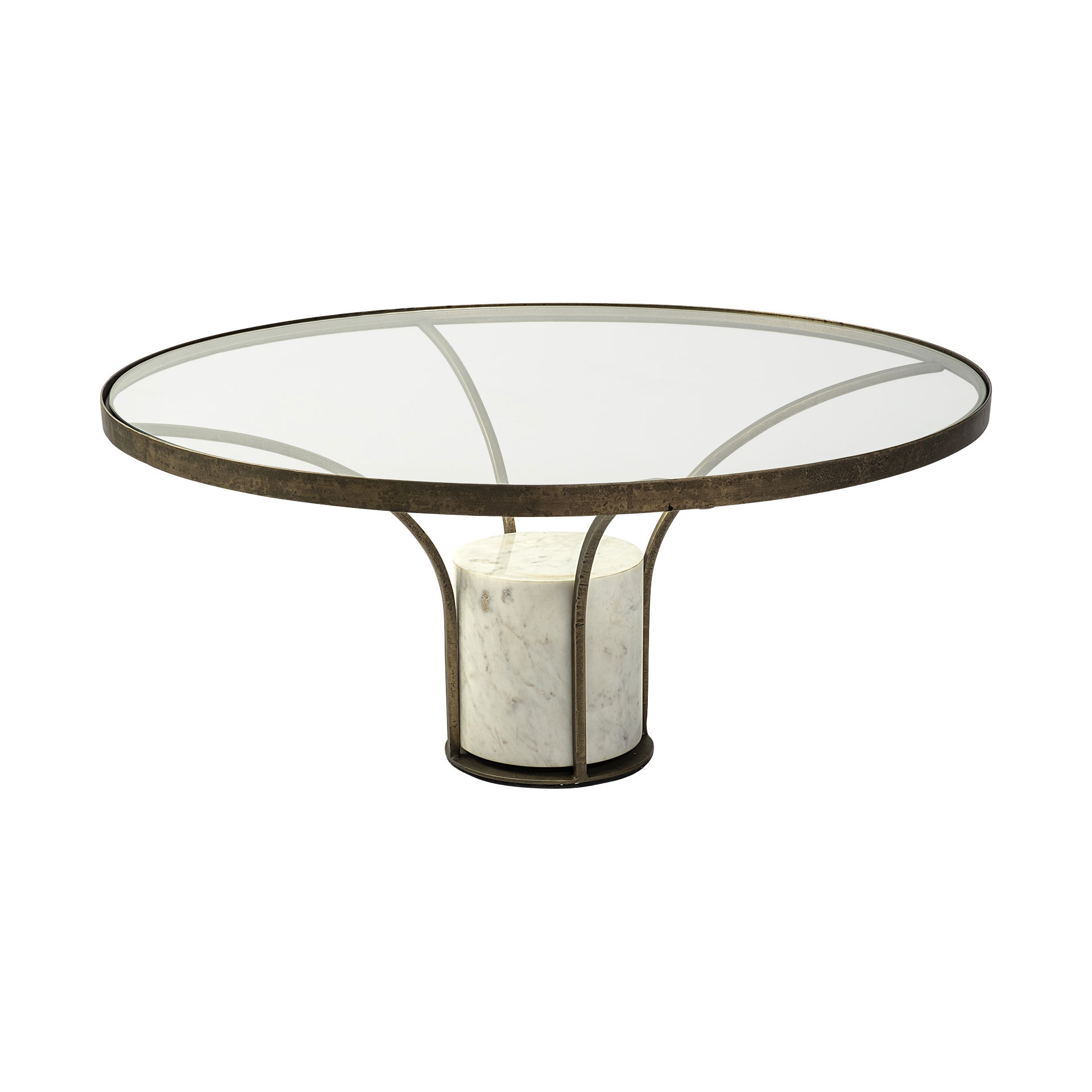 Jacinta 36' Round Glass Top Metal and Marble Pedestal Coffee Table, by Mercana, 36" length x 36" width x 16" height View 1