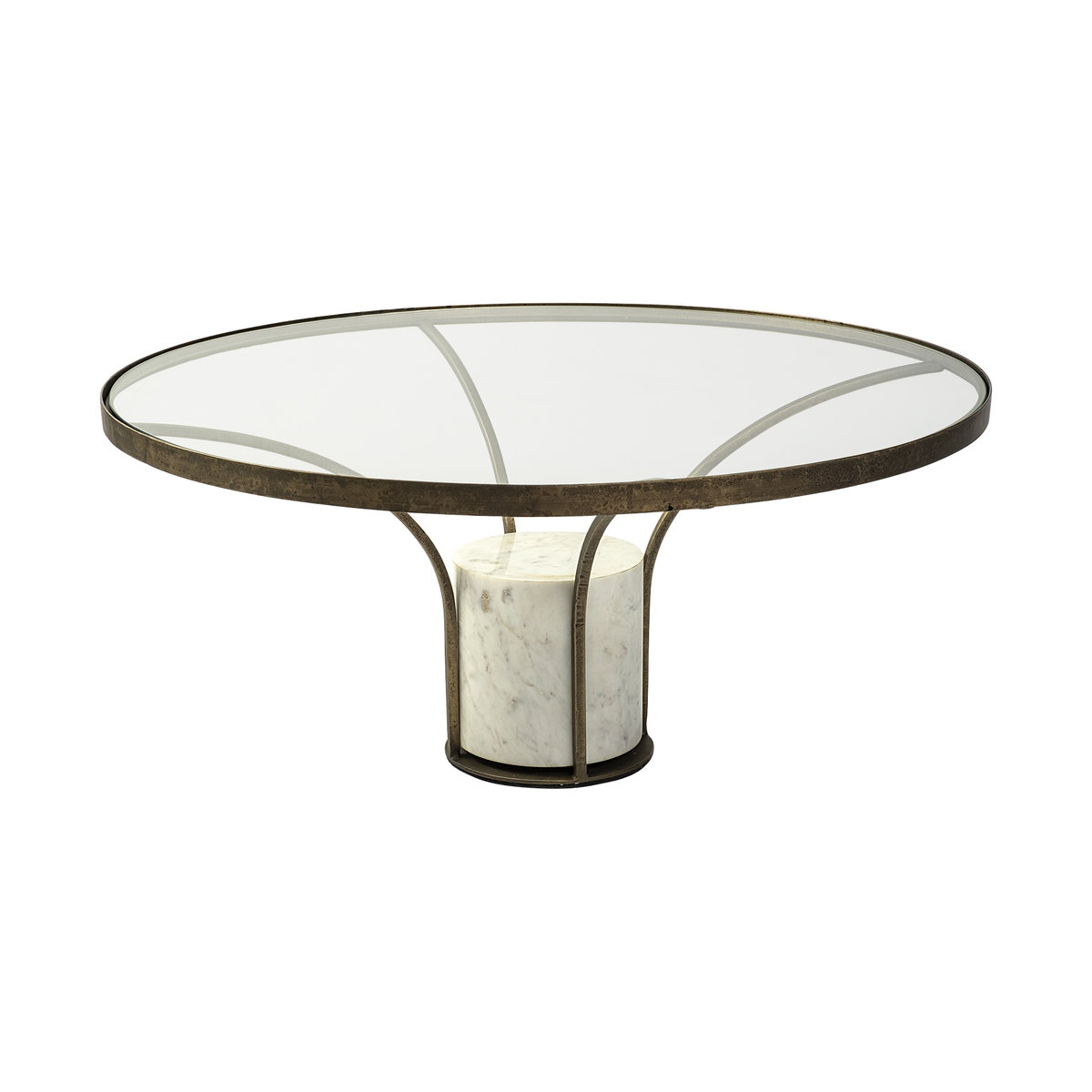 Jacinta 36' Round Glass Top Metal and Marble Pedestal Coffee Table, by Mercana, 36" length x 36" width x 16" height View 1