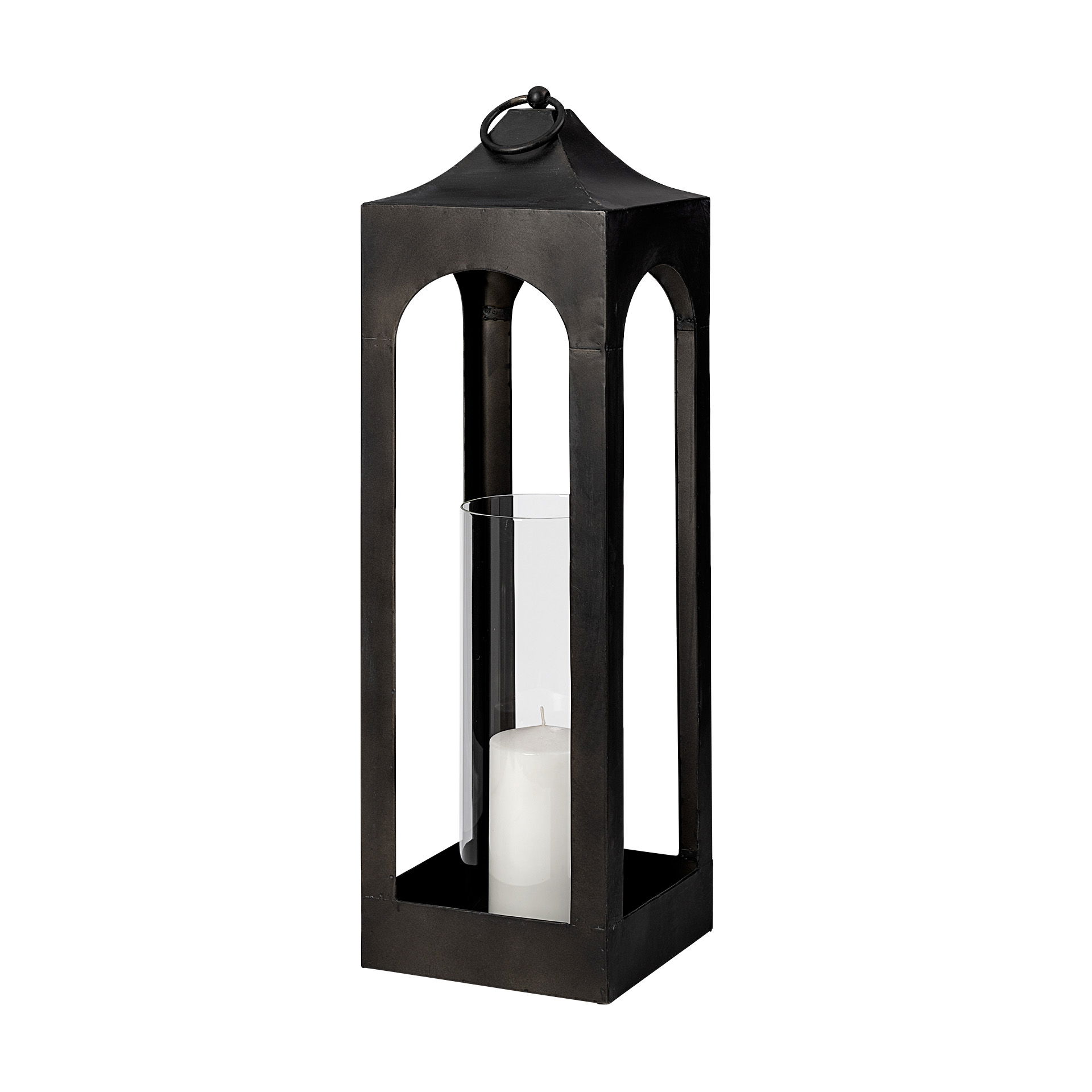 Ina Short Charcoal Metal Candle Holder Lantern, Lighting by Mercana, 6.69" length x 6.69" width x 29.53" height View 1